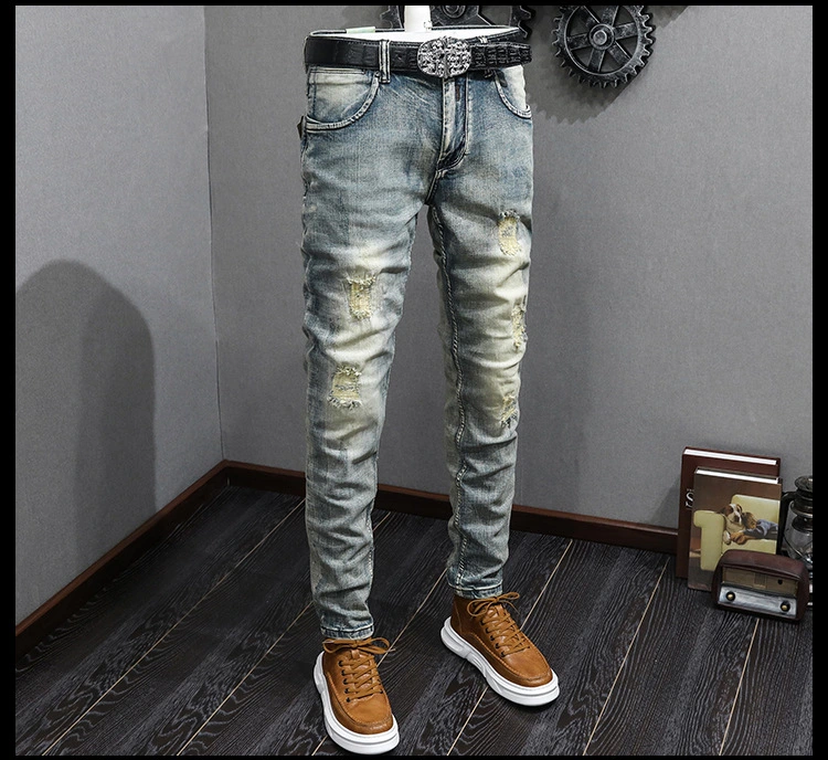 High End Jeans Men′s Stretch Slim Pants Teen Vintage Denim